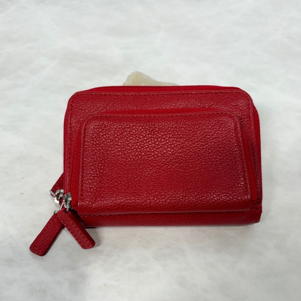 Levenger Red Pebbled Leather Double Zip Compact Wallet Coin Purse